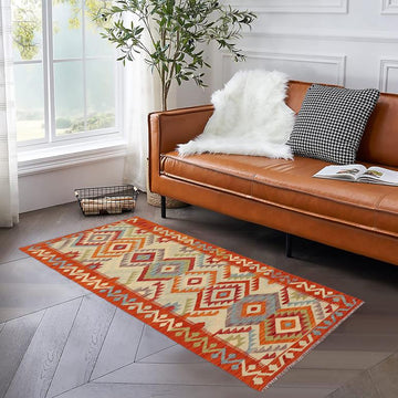 Flat Weave Kilim, Antique, Navaho, Vintage, Handmade, Geometric Kilim Blue Rust Hand-Woven Runner 100% Wool Area Rug 3 x 6